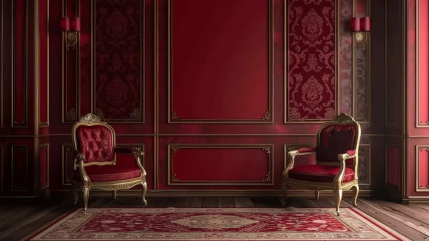 A room with red walls and a carpeted floor has two chairs