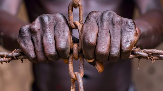A close up of a man's hands holding onto the barbed wire
