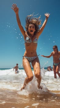 A woman in a bikini jumping into the ocean at a beach