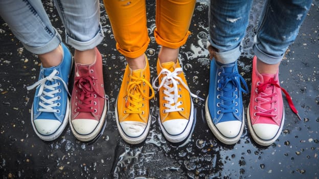 Three pairs of colorful shoes standing next to each other