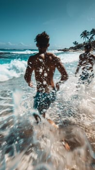 Two men running through the water at a beach