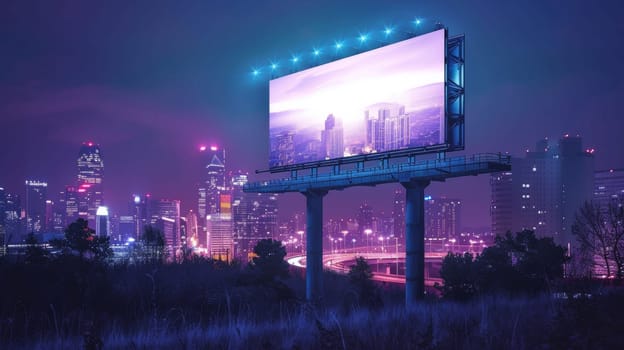 A billboard with a cityscape in the background at night