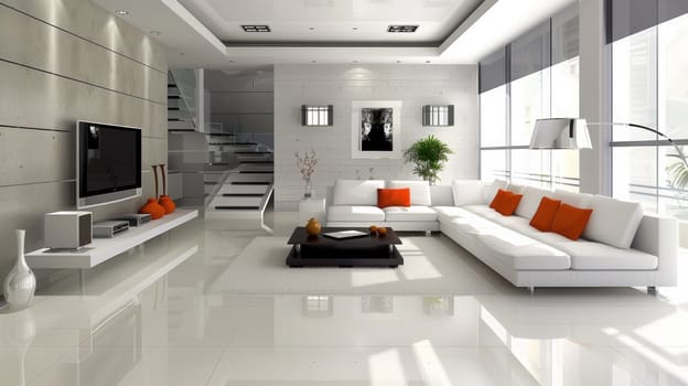 A living room with white furniture and orange accents in a modern setting