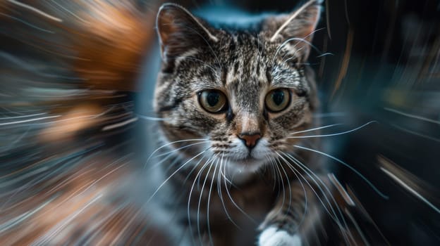A close up of a cat walking on the floor with blurry background