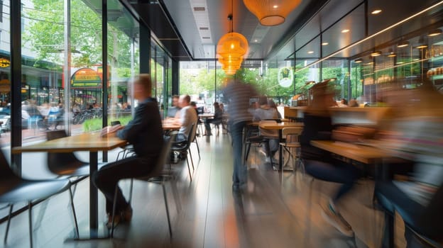 A blurry image of a restaurant with people sitting at tables