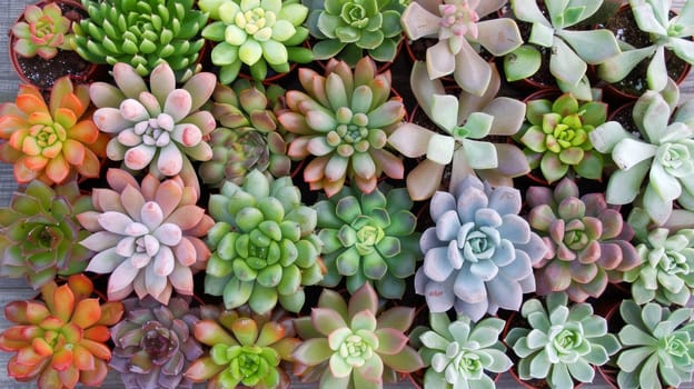 A bunch of different colored succulents are sitting in a pile