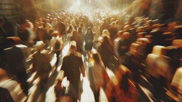 A blurry image of a crowd walking down the street