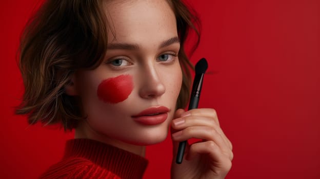 A woman with red face and makeup holding a brush
