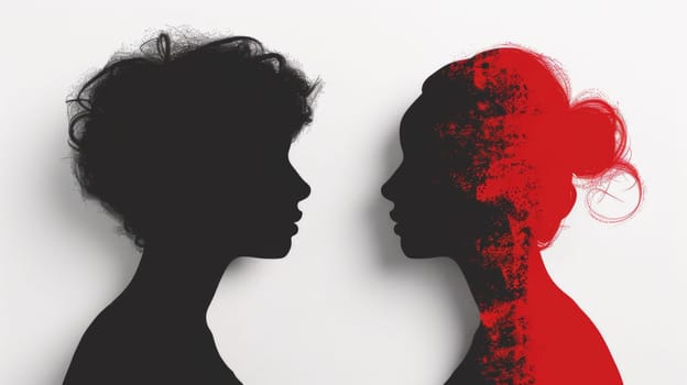 Two silhouettes of two women with red and black hair