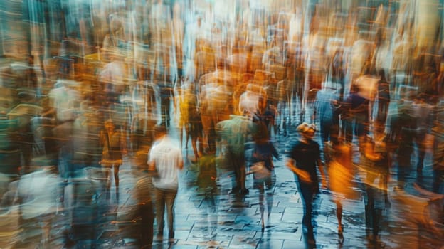 A blurry image of a group of people walking down the street