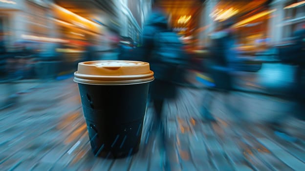 A blurry image of a coffee cup sitting on the sidewalk