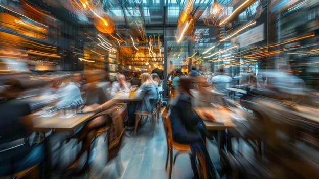 A blurry image of a restaurant with people sitting at tables