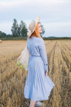 A red-haired woman in a hat and a blue dress walks in a field with haystacks. The view from the back