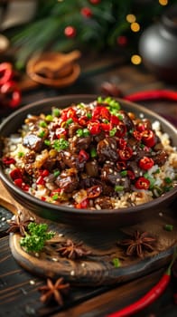 A bowl of food with meat and vegetables on a table