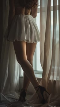 A woman in a short skirt and high heels standing by the window