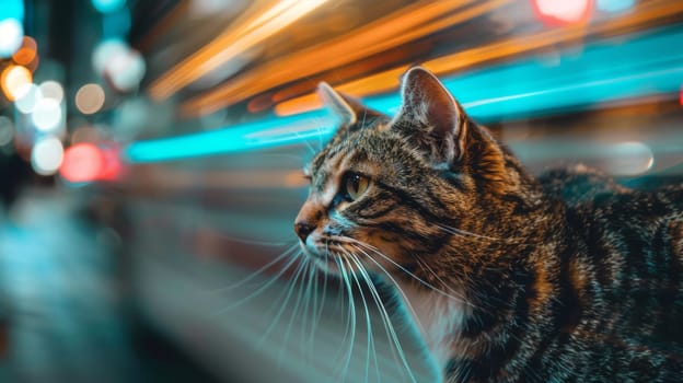 A cat sitting on a street with blurred background of cars