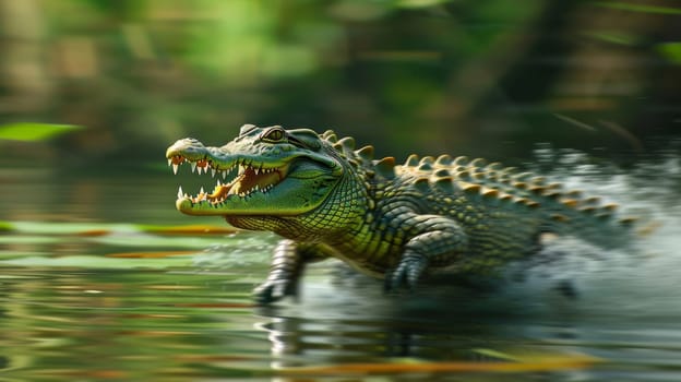 A large alligator is swimming in the water with its mouth open
