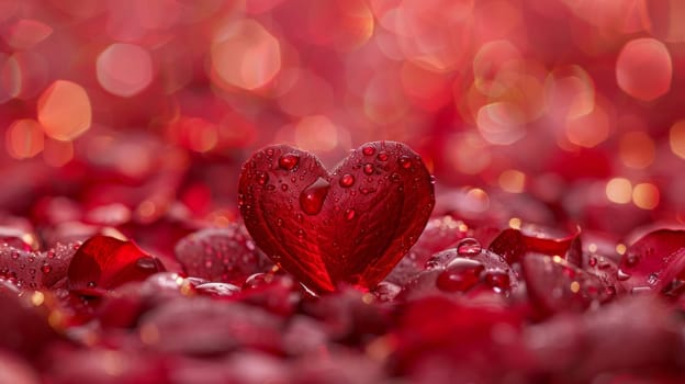 A red heart with water droplets on it sitting in a pile of petals