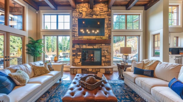 A living room with a fireplace and couches in front of it