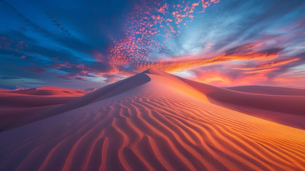 A sand dunes in the desert with a colorful sky