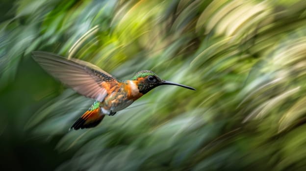 A colorful bird flying through a blurry background of trees