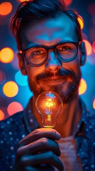 A man with glasses holding a light bulb in his hand