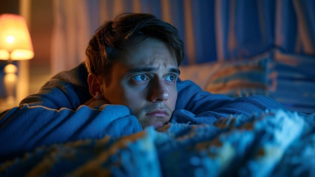 A man laying in bed with a blanket over him