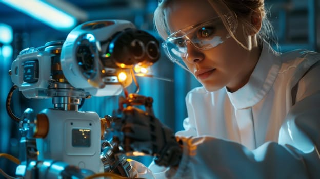 A woman in white lab coat working on a robot
