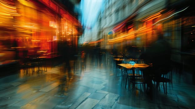 A blurry image of a street with people and tables