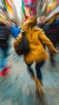 A blurry image of a woman walking down the street with her backpack
