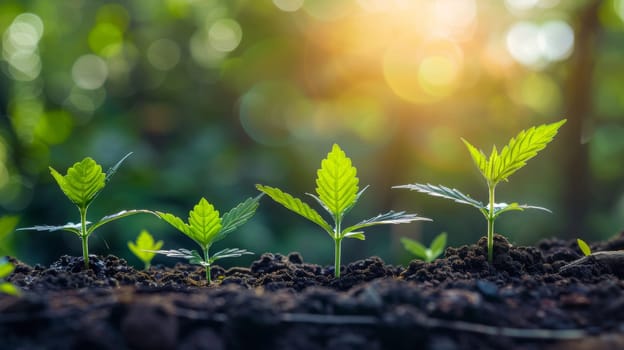 A group of young plants growing in the dirt with sunlight