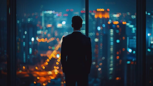 A man in suit looking out of window at city lights