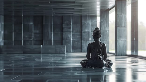 A statue of a buddha sitting in the middle of an empty room