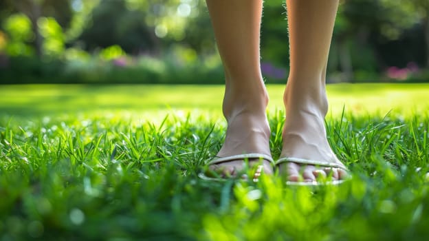 A woman's feet in sandals standing on a green lawn