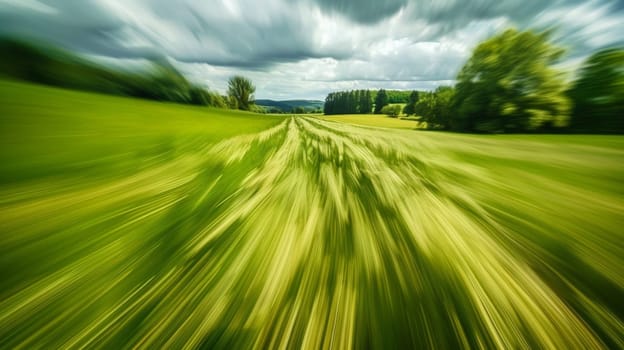 A blurry photo of a green field with trees in the background