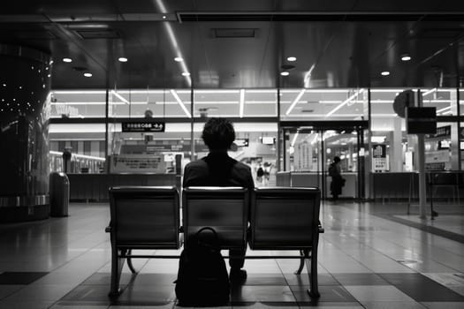 A man sits on a bench in a train station. He is wearing a backpack and has a cell phone in his hand. The scene is quiet and peaceful, with the man looking out the window