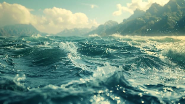 A close up of a body of water with waves and mountains in the background