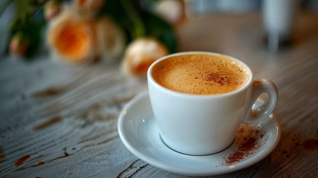 A cup of coffee on a saucer with some flowers