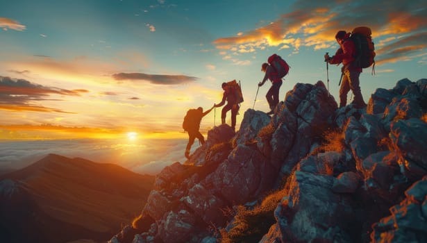 A group of four people are hiking up a mountain, with the sun setting in the background. Scene is adventurous and exciting, as the group is taking on a challenging hike together