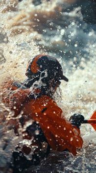 A man in a kayak paddling through the water with waves