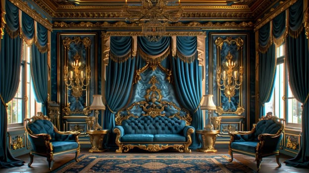 A fancy room with blue walls and gold curtains