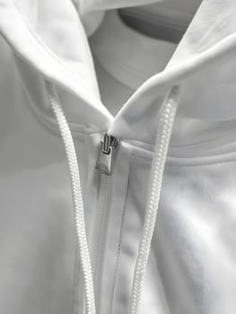 A closeup shot of a white hoodie showcasing the intricate zipper detail resembling the symmetry of a terrestrial plant or flower, in monochrome photography