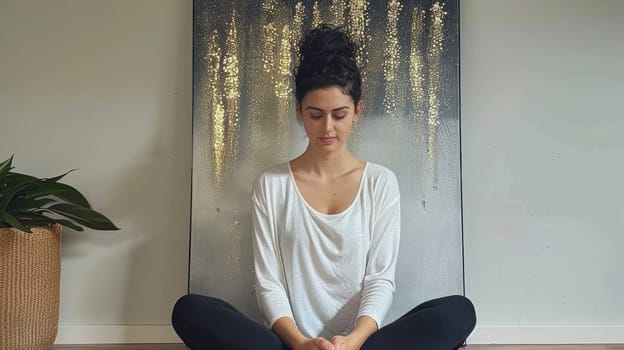 A woman sitting in a lotus position with her eyes closed