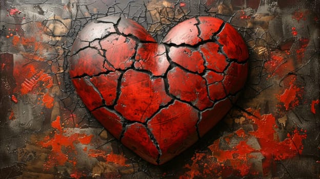 A red heart painted on a cracked wall with some graffiti