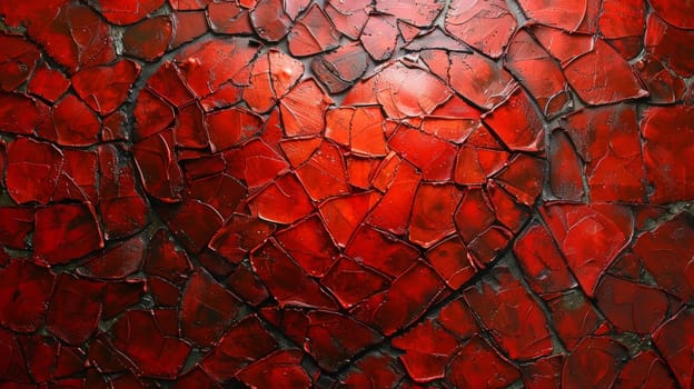 A red heart made out of broken glass is shown on a wall