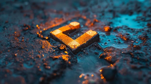 A letter "l" in the mud with a light shining on it
