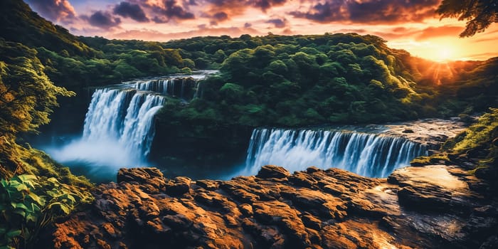 Fantasy landscape with waterfall at sunset, panorama.