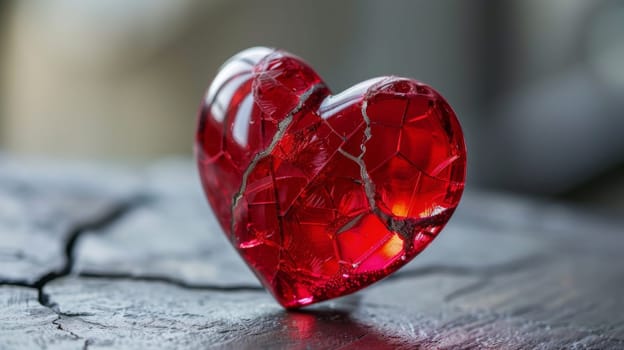 A red heart shaped object sitting on a table with some cracks in it