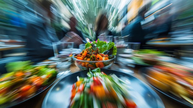 A blurry image of a plate full of food sitting on top of another