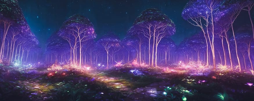 A mystical forest at night with luminescent plants and firefly-like creatures lighting up the scene. AI Generated